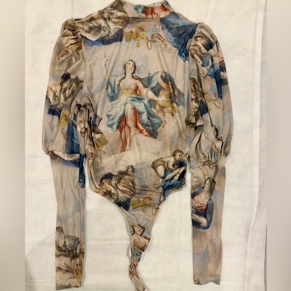 Fashion Nova Beige Multi Renaissance Print Mesh Bodysuit
